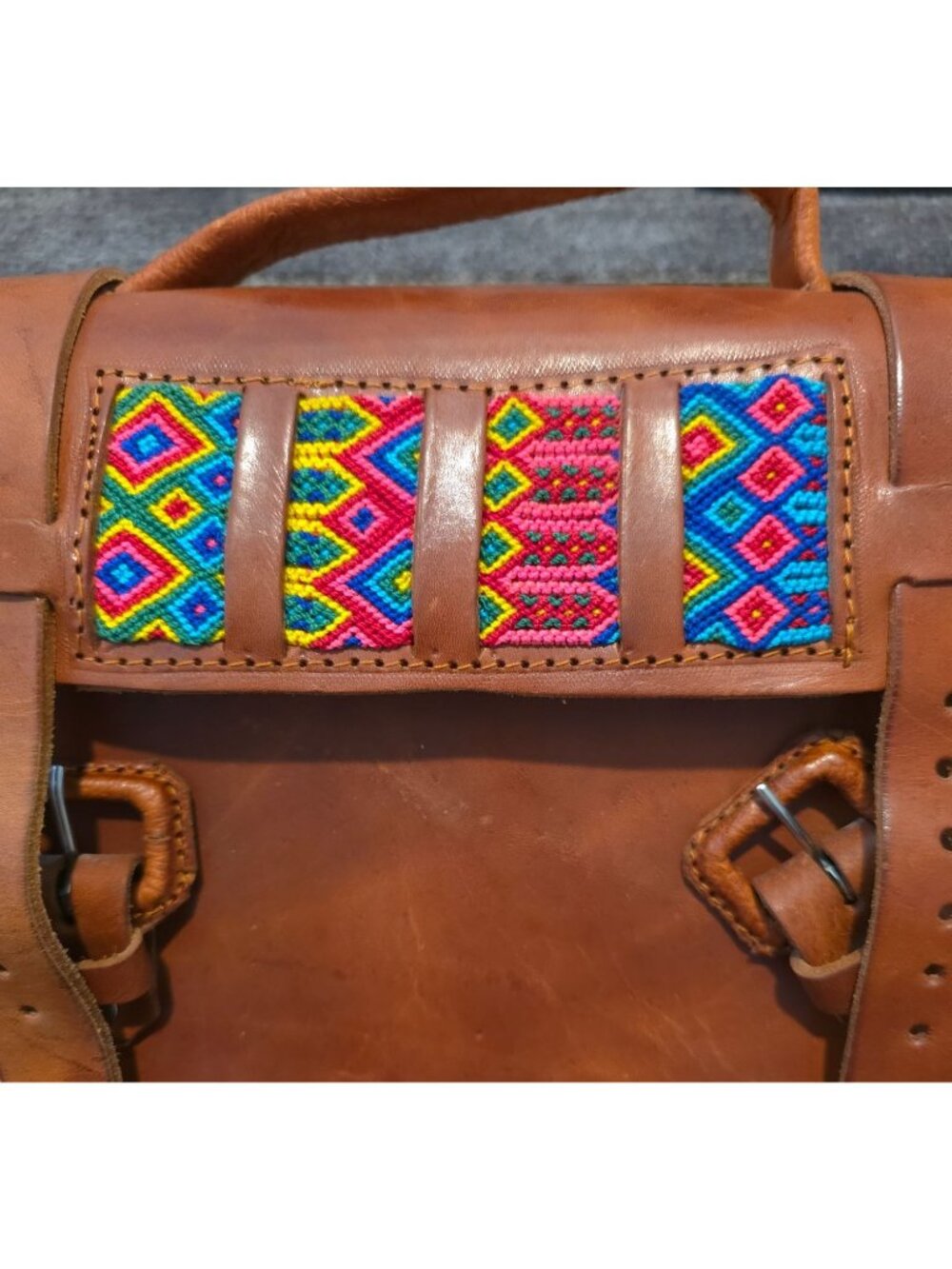 Mexican Handmade Brown Leather Crossbody Satchel Bag w/ Colorful Woven Accent - Picture 6 of 8